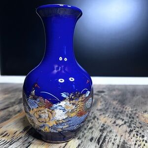 Vintage Japanese Cobalt Blue Porcelain Vase with Peacock Design